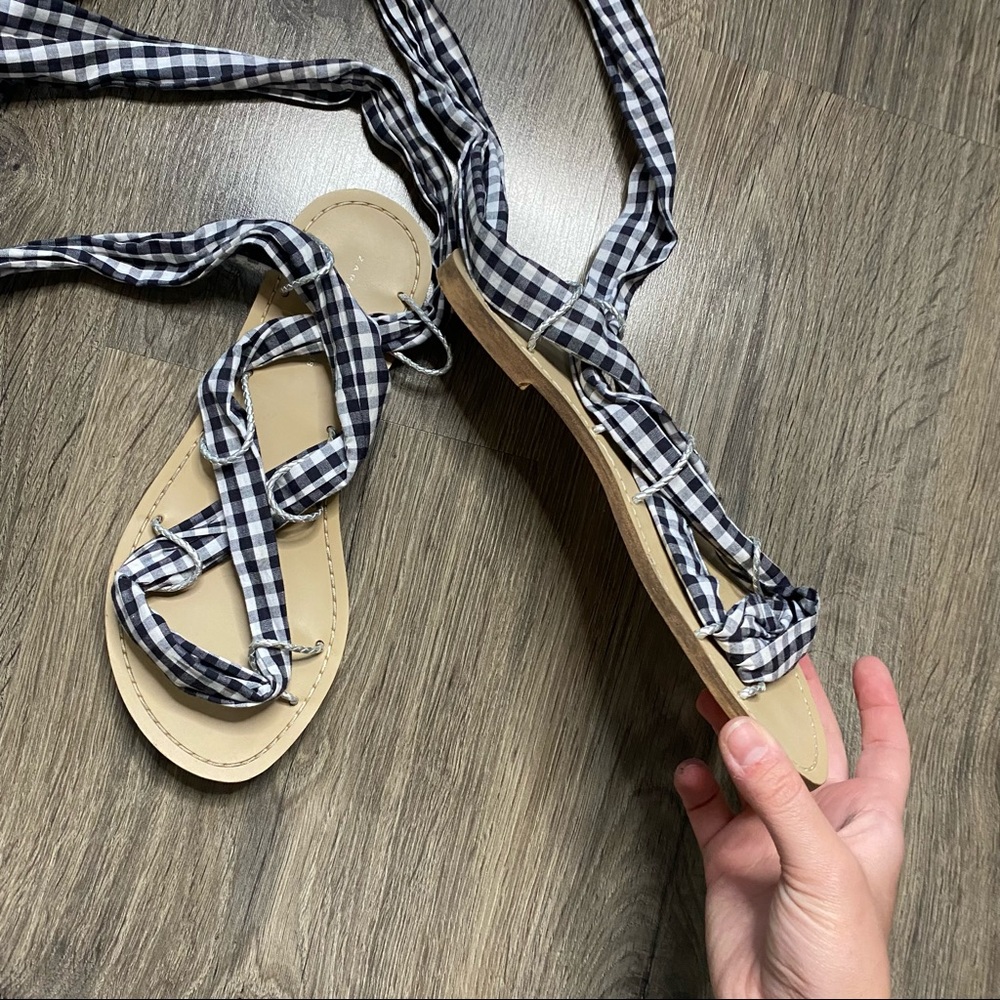 Zara | Gingham Black & White Tie Strap Sandals - Picture 7 of 7
